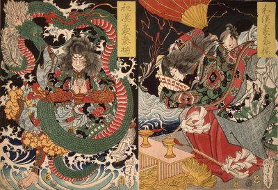 Tawaraya Tda y un dragón y Ono no Komachi rezando por lluvia de la serie Valor en China y Japón, 1868 (xilografía en color) de Tsukioka Yoshitoshi