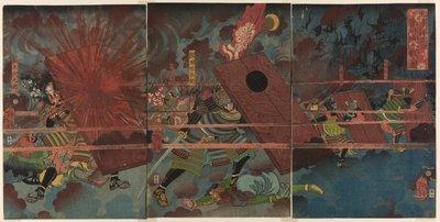La batalla de Jinju durante la conquista de Corea por Masakiyo (Masakiyo Sankan taiji, Shinshujo kassen no zu) de Tsukioka Yoshitoshi