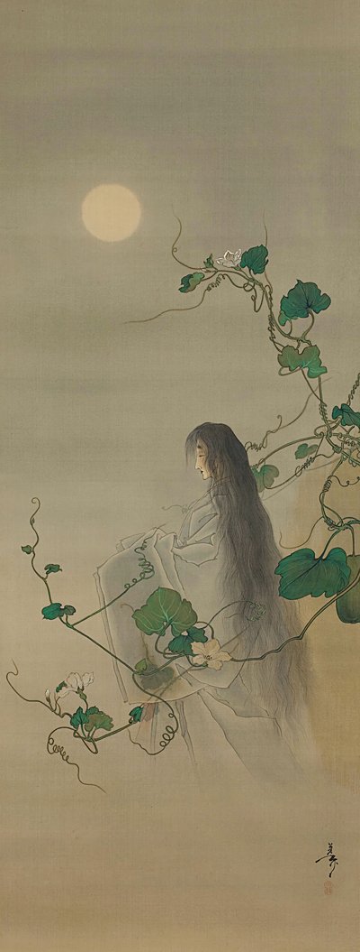 El espíritu del difunto Yugao entrelazado en enredaderas de flor de luna, ca. 1892 de Tsukioka Yoshitoshi