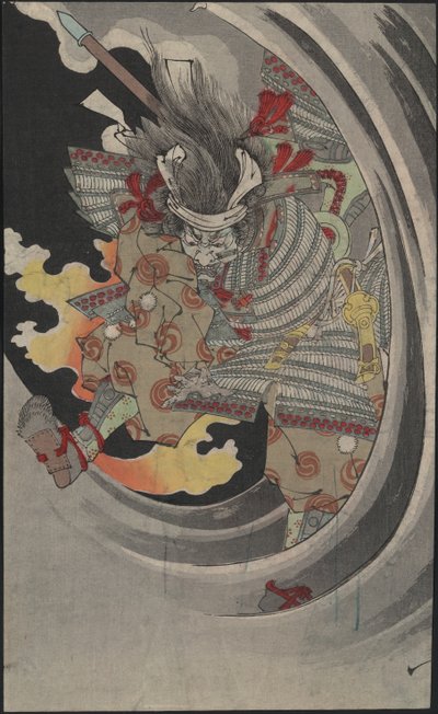El fantasma del general Taira no Tomomori atravesando las olas en la cascada Nunobiki, 1889 de Tsukioka Yoshitoshi