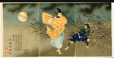 Tríptico de "Fujiwara No Yasumasa tocando la flauta a la luz de la luna" de Tsukioka Yoshitoshi