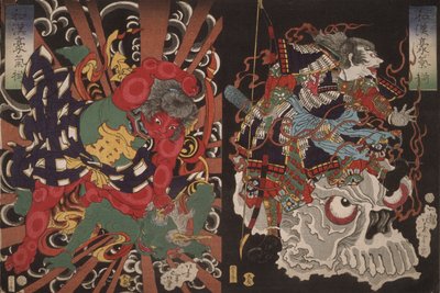 Guerrero sobre calavera y Kintoki dominando a un demonio, de la serie Valor en China y Japón de Tsukioka Yoshitoshi