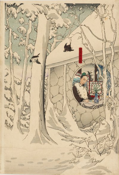 Tríptico de xilografía - Gentoku visitando a Komei en su retiro, en una tormenta de nieve, finales del siglo XIX de Tsukioka Yoshitoshi