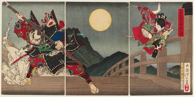Yoshitsune y Benkei en el puente de Gojō de Tsukioka Yoshitoshi