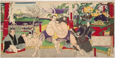 Combate de los luchadores de sumo Koyonagi Tsunekichi y Arauma Daigoro de Tsukioka Yoshitoshi