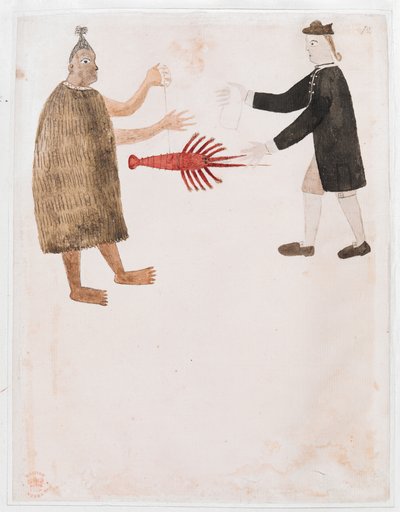 Añadir MS 15508 [Dibujo nº 12] Un maorí haciendo un trueque de cangrejos de río con un oficial de la marina inglesa, "Dibujos que ilustran el primer viaje del capitán Cook". de Tupaia Tupaia