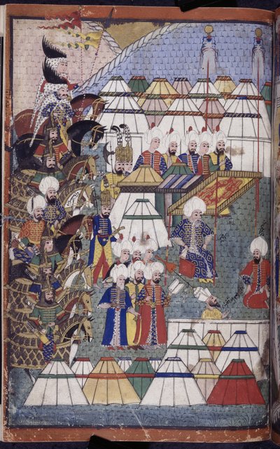 Agregar. 22011 f.199, Lala Mustafa Pasha en el campamento después de su victoria en Kars-Nusretname, de 