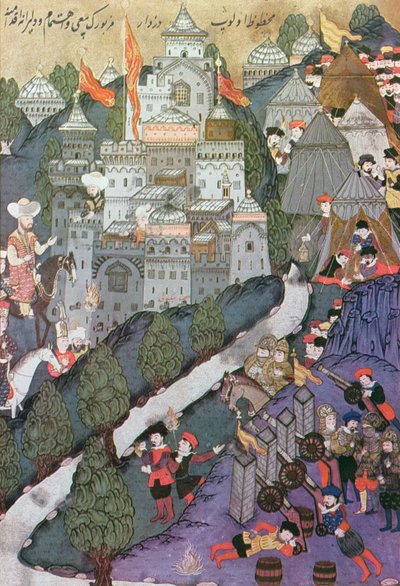 Batalla de Nicópolis, 25-28 de septiembre de 1396, facsímil de una miniatura conservada en el Museo Topkapi en Estambul de Turkish School