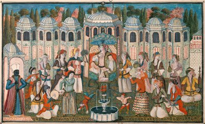 Banquete para la Sultana Valide con la presencia de Madame Girardin, la embajadora francesa (acuarela y gouache sobre papel) de Turkish School