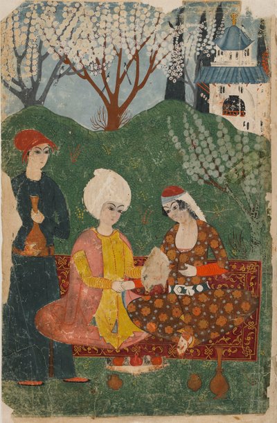 Folio de un texto no identificado; recto: Príncipe y princesa sentados en una alfombra, Estambul, c.1700-25 de Turkish School