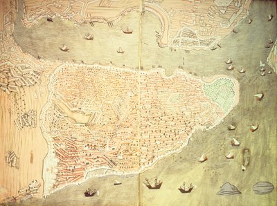 H 1523 fol.158v-159r Vista de Estambul y el estrecho del Bósforo, del 