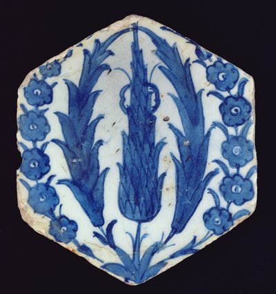 Azulejo hexagonal de Isnik con cipreses y un prunus, 1560-70 de Turkish School