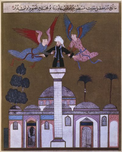 Jesucristo llevado por dos ángeles desde el minarete de la mezquita en Damasco, de Zubdet ut Tevarih por Lokman, 1583 de Turkish School