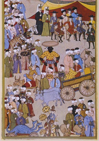 Comerciantes y acróbatas llegando ante los embajadores europeos, de Sur-Nama de Turkish School