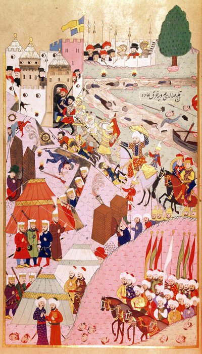El asalto a Belgrado del sultán Mehmet II "El Conquistador" (1432-1481), de "Hunernama" (Mss Hazine. 1524) de Turkish School