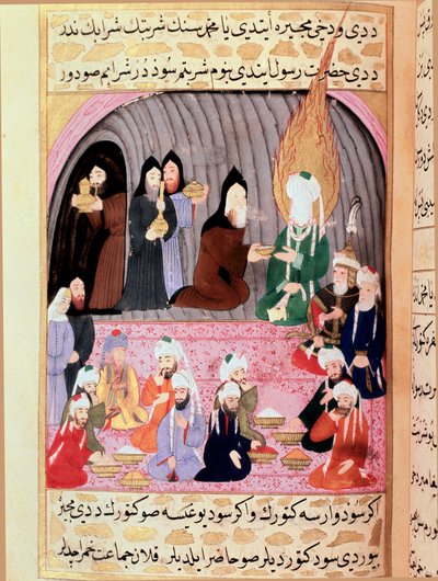El Profeta Mahoma (Muhammad) (570-632) (rostro cubierto) en un viaje a Siria es recibido por monjes cristianos que le sirven una comida. Miniatura turca del siglo XVIII. Museo Topkapi, Estambul, Turquía de Turkish School