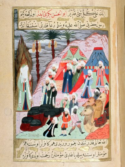 El Profeta Mahoma (570-632) (con el rostro cubierto) rezando para que llueva y alivie al pueblo musulmán antes de la Batalla de Badr de Turkish School