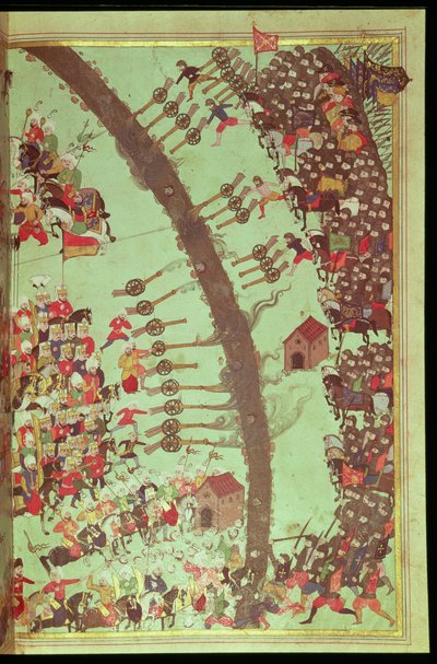 La conquista de Egri, del Egri Fetihnamesi (tinta, acuarela y pan de oro sobre papel) de Turkish School