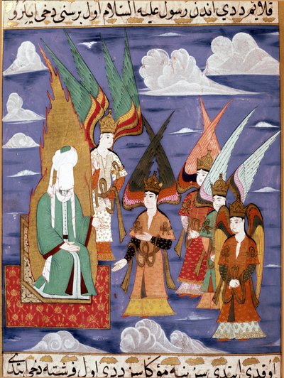 El profeta Mahoma (Mohammed o Muhammad) (570-632) (rostro cubierto) durante su viaje nocturno. Miniatura persa del siglo XVIII. Museo Topkapi Estambul Turquía de Turkish School