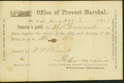 Pase militar de Thomas Dimmock, firmado U.P Bennett, 5 de noviembre de 1861 de U. P. Bennett