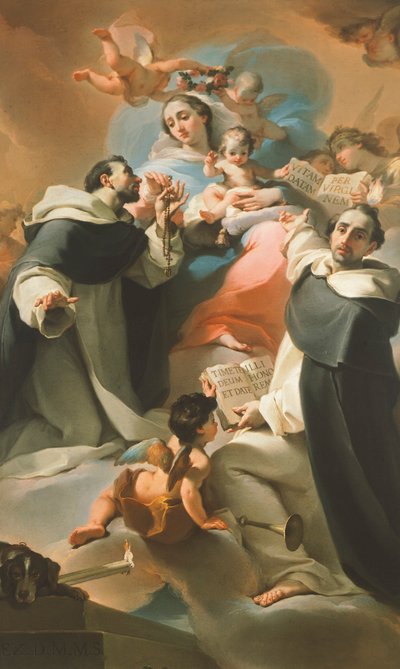 Nuestra Señora del Rosario con el Niño, Santo Domingo y San Vicente Ferrer, hacia 1773, por Ubaldo Gandolfi (1728-1781) de Ubaldo Gandolfi