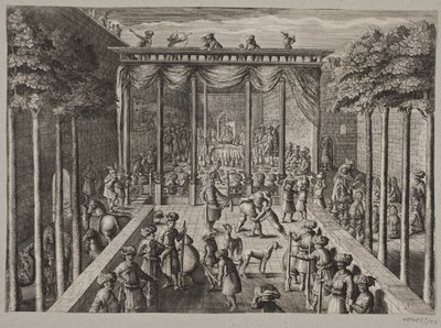 Banquete en un jardín oriental. En primer plano, cazadores y hombres en lucha de Ubekendt
