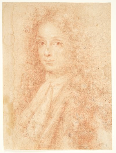 Retrato de un joven, de frente hacia la izquierda. Lleva una peluca larga y una bufanda suelta de Ubekendt