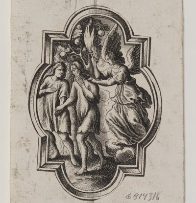 Emblema con Adán y Eva siendo expulsados del Paraíso de Ubekendt