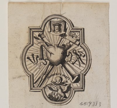 Emblema con un corazón atravesado y los instrumentos de la pasión de Ubekendt