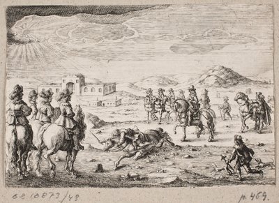 Jinetes europeos en un paisaje abierto. En el fondo, un caravasar de Ubekendt