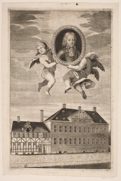 Medallón con retrato de un niño de la familia Plessen. Actualmente una casa de entramado de madera y un palacio de Ubekendt