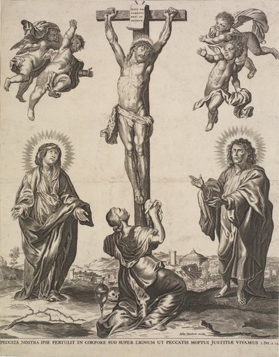 Cristo en la cruz, con la Virgen, María Magdalena y San Juan y cuatro ángeles de Ubekendt KKSgb5444