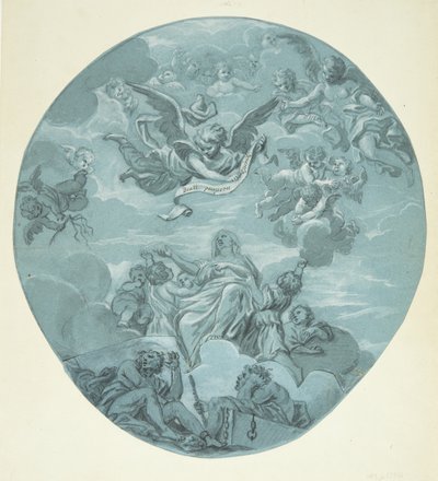 Una santa femenina en las nubes, rodeada de putti, sobre ella niños ángeles y un ángel que sostiene una banda con la inscripción: Beati pauperes spiritu de Ubekendt Ubekendt