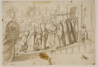 El rey Enrique III, el dux Alvise Mocenigo y el cardenal San Sisto recibidos por el patriarca veneciano Giovanni Trevisan en el Lido en Venecia de Ubekendt Ubekendt