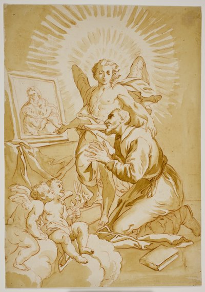 San Felipe Neri adorando una pintura de la Virgen mostrada por un ángel de Ubekendt Ubekendt