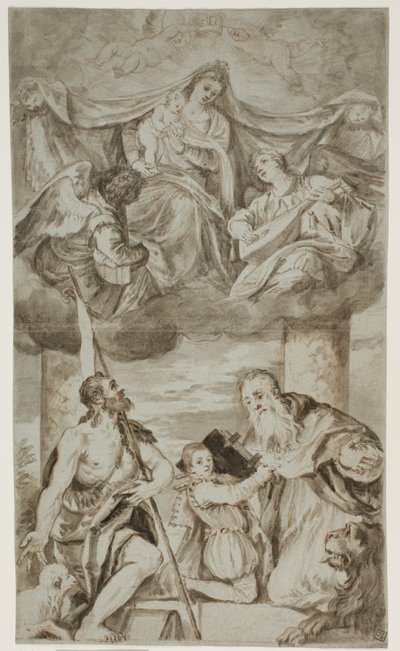 La Virgen y el Niño entre ángeles en las nubes con San Juan Bautista y San Jerónimo, después de la pintura de Paolo Veronese anteriormente en S. Francesco della Vigna, Venecia de Ubekendt Ubekendt