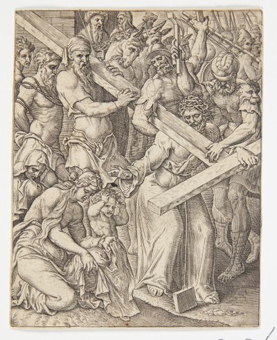 Cristo llevando la cruz y el milagro del paño de Verónica de Ubekendt efter Dirck Volckertsz. Coornhert efter Maarten van Heemskerck