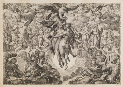 Pintura, escultura y arquitectura, prohibidas por los turcos, retiradas al Olimpo de Ubekendt efter Jan Muller; H. Goltzius; Ae. Sadeler og Lucas Kilian efter Bartholomeus Spranger