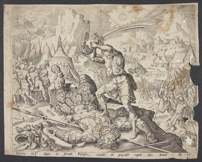 Abner presentando a David con la cabeza de Goliat para Saúl de Ubekendt efter Maarten van Heemskerck