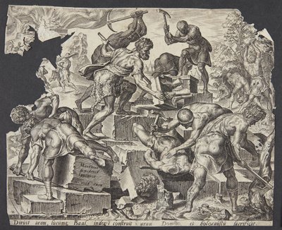 Gedeón y sus hombres destruyendo el altar de Baal de Ubekendt efter Maarten van Heemskerck