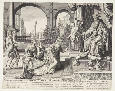 Ester ante Asuero, invitándolo a un banquete de Ubekendt efter Philips Galle efter forlæg af Maarten van Heemskerck