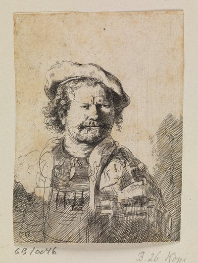 Rembrandt con gorra plana y vestido bordado de Ubekendt efter Rembrandt