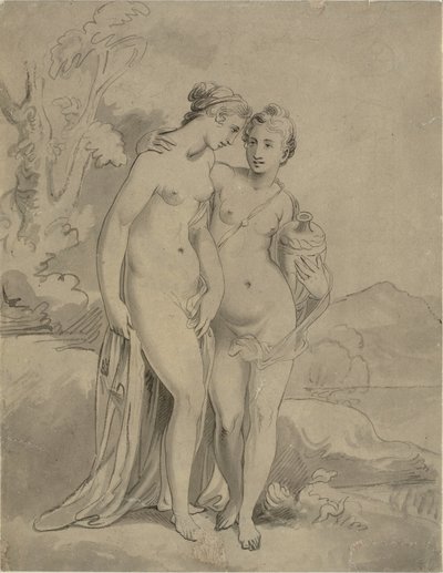 Dos ninfas en un paisaje de Ubekendt engelsk kunstner 1820