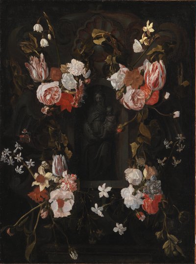 Cartucho de piedra con la Virgen María y el Niño Jesús en un nicho rodeado por una guirnalda de flores de Ubekendt flamsk 1600 tallet