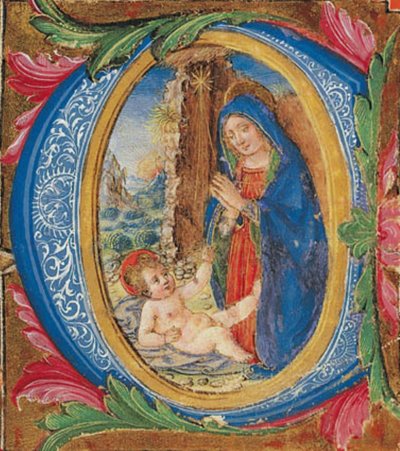 La Virgen en adoración del Niño en una inicial C de Ubekendt florentinsk 1. tredjedel af 1500 tallet