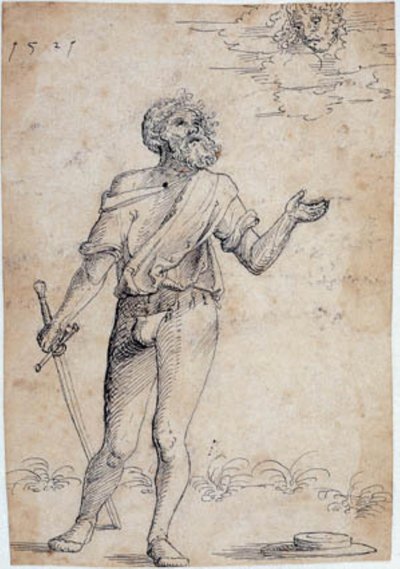 Hombre barbudo con espada, mirando hacia una cara en las nubes de Ubekendt tysk beg. af 1500 tallet