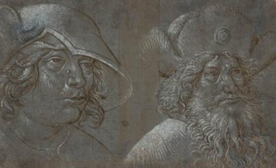 Cabezas de dos hombres en perfil de tres cuartos hacia la derecha, ambos con sombreros llamativos de Ubekendt tysk nederlandsk ca. 1500