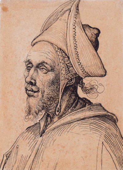 Hombre barbudo con tocado oriental puntiagudo de Ubekendt tysk slutningen af 1400 tallet