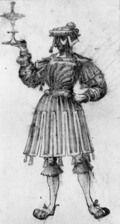 Hombre de pie, ricamente vestido, con bigote levantando una copa en su mano derecha de Ubekendt tysk slutningen af 1600 tallet eller begyndelsen af 1700 tallet