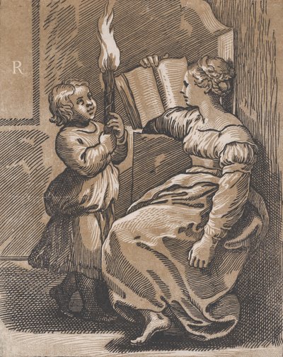 Una sibila leyendo un libro mirando a la izquierda, después de 1518 de Ugo da Carpi